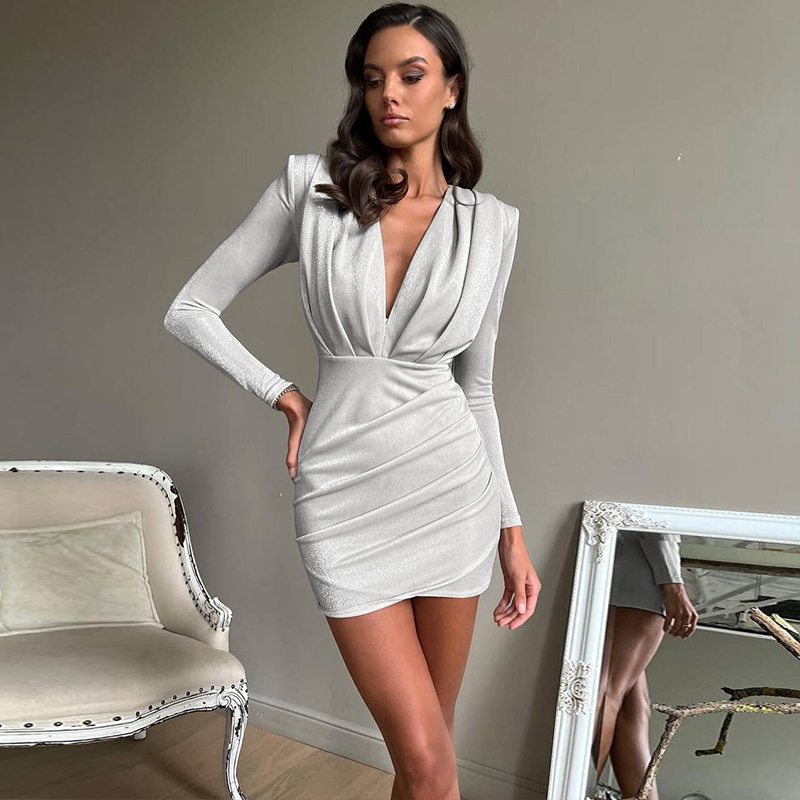 Sexy Deep V-Neck Shiny Long Sleeve Dress for Women - High Waist Slim Fit Mini Dress, European American Instagram Style Sexy Deep V-Neck Shiny Long Sleeve Dress for Women - High Waist Slim Fit Mini Dress, European American Instagram Style