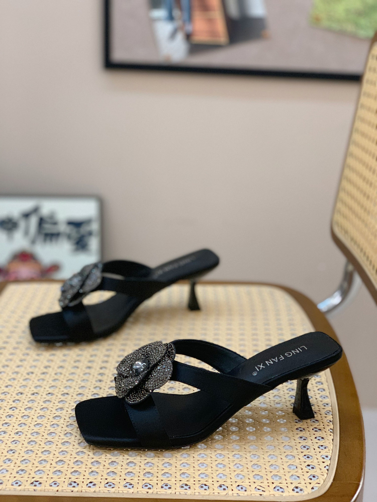 Sexy Floral Rhinestone Slide Sandals for Women - Comfortable Open-Toe Thin-Heeled Square-Toe Summer Footwear 2025