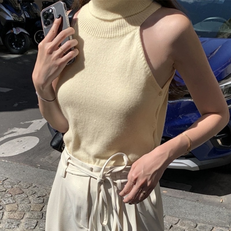 Sexy High-Neck Sleeveless Knitted Vest with Side Tie Design - Versatile Korean Style Top for Women Sexy High-Neck Sleeveless Knitted Vest with Side Tie Design - Versatile Korean Style Top for Women