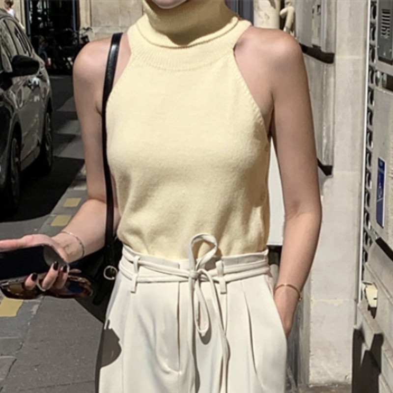 Sexy High-Neck Sleeveless Knitted Vest with Side Tie Design - Versatile Korean Style Top for Women Sexy High-Neck Sleeveless Knitted Vest with Side Tie Design - Versatile Korean Style Top for Women