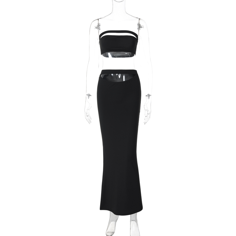 Sexy Hollow-Out Strapless Top and High-Waisted Slim-Fit Skirt Two-Piece Set - European and American Instagram Style Fashion for Women