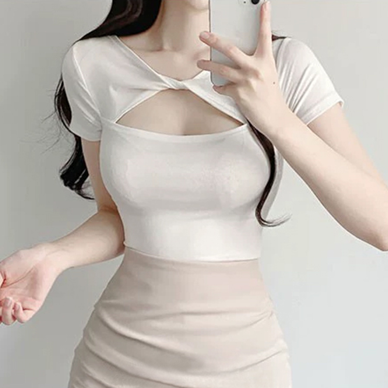 Sexy Hollow-Out White Short Sleeve Cotton T-Shirt for Women - Summer Chest-Showing Top, American Style, Casual Y2K Fashion
