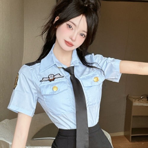 Sexy JK Uniform Two-Piece Set: Fitted Short-Sleeve Blue Shirt with Tie & Bodycon Mini Skirt for Nightclub, KTV, Party Wear
