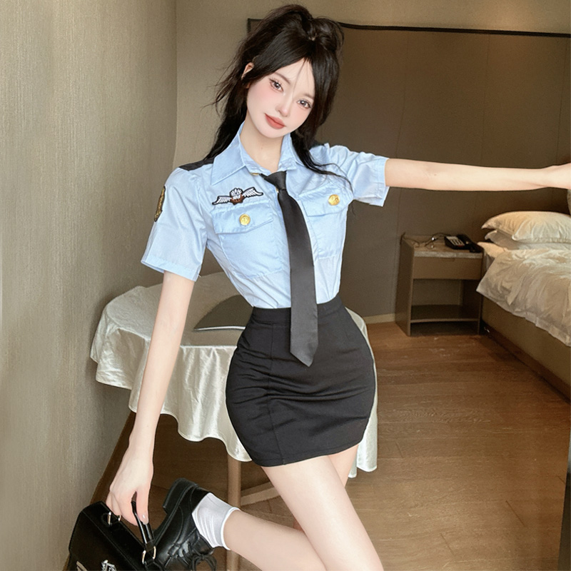 Sexy JK Uniform Two-Piece Set: Fitted Short-Sleeve Blue Shirt with Tie & Bodycon Mini Skirt for Nightclub, KTV, Party Wear