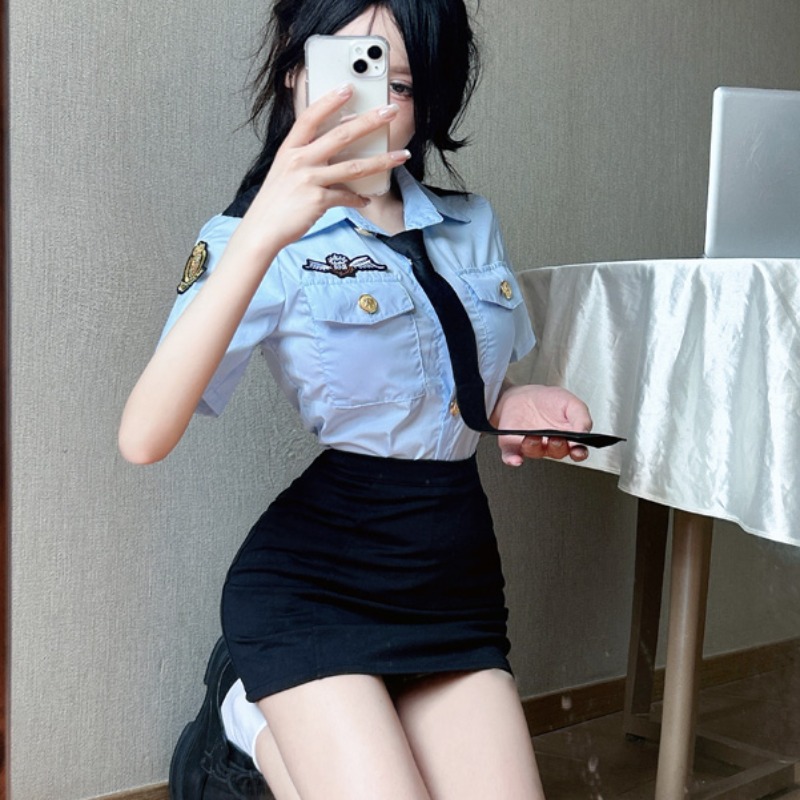 Sexy JK Uniform Two-Piece Set: Fitted Short-Sleeve Blue Shirt with Tie & Bodycon Mini Skirt for Nightclub, KTV, Party Wear Sexy JK Uniform Two-Piece Set: Fitted Short-Sleeve Blue Shirt with Tie & Bodycon Mini Skirt for Nightclub, KTV, Party Wear