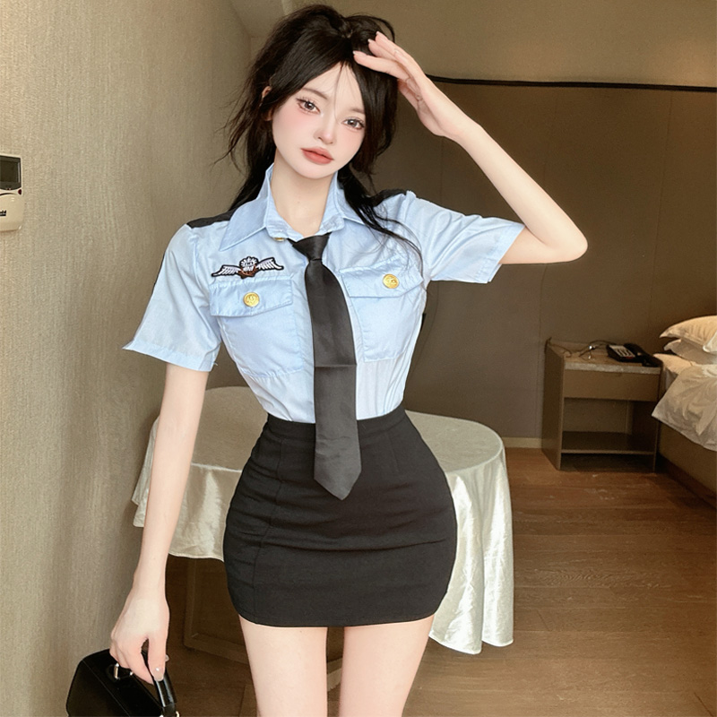 Sexy JK Uniform Two-Piece Set: Fitted Short-Sleeve Blue Shirt with Tie & Bodycon Mini Skirt for Nightclub, KTV, Party Wear Sexy JK Uniform Two-Piece Set: Fitted Short-Sleeve Blue Shirt with Tie & Bodycon Mini Skirt for Nightclub, KTV, Party Wear