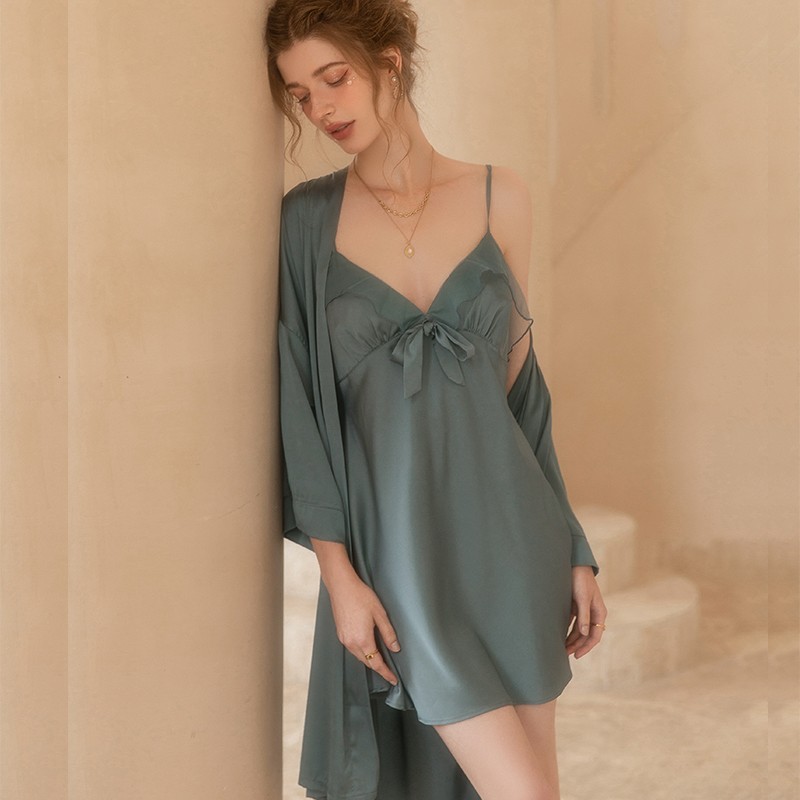 Sexy Lace Nightgown with Chest Pads - Thin Ice Silk Spaghetti Strap Sleep Dress in French Style for Women, Perfect for Spring & Autumn 2025 Sexy Lace Nightgown with Chest Pads - Thin Ice Silk Spaghetti Strap Sleep Dress in French Style for Women, Perfect for Spring & Autumn 2025