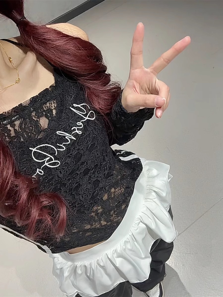 Sexy Lace Off-Shoulder Top for Women - Sheer Asymmetrical Long Sleeve T-Shirt for Jazz Dance - Slim Fit Y2K Style Cover-Up Sexy Lace Off-Shoulder Top for Women - Sheer Asymmetrical Long Sleeve T-Shirt for Jazz Dance - Slim Fit Y2K Style Cover-Up