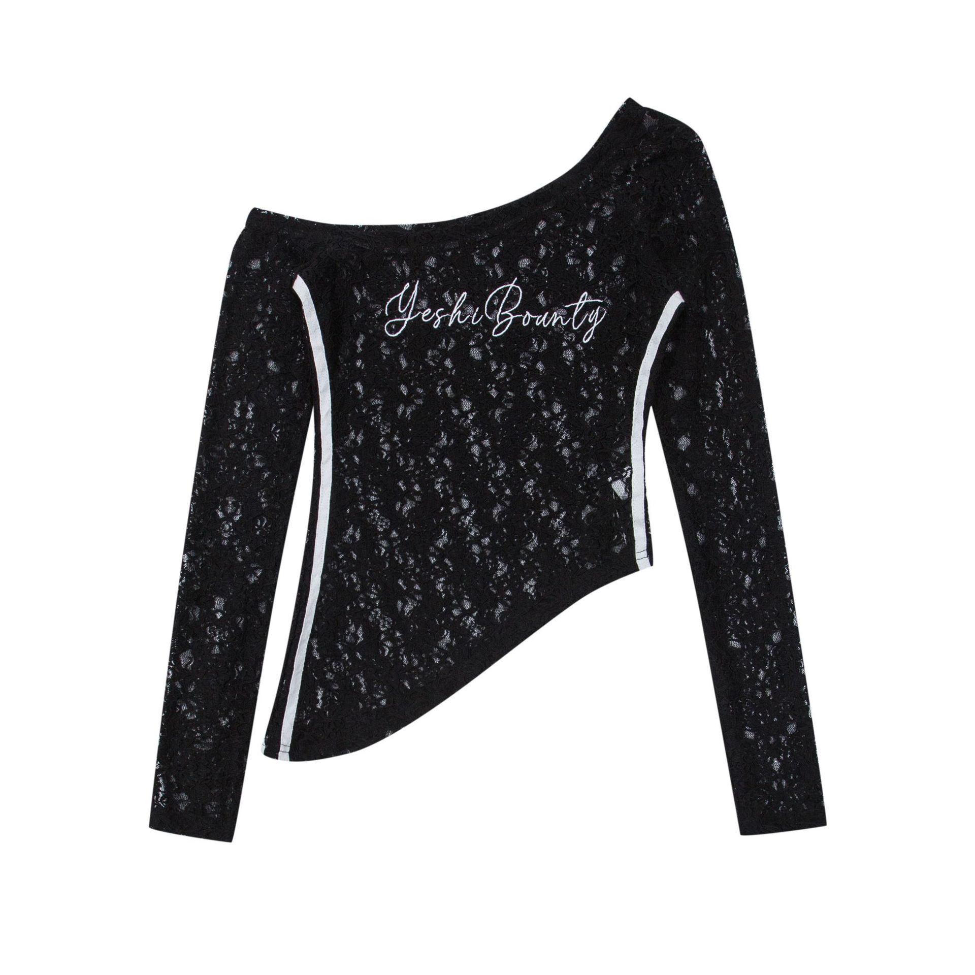 Sexy Lace Off-Shoulder Top for Women - Sheer Asymmetrical Long Sleeve T-Shirt for Jazz Dance - Slim Fit Y2K Style Cover-Up