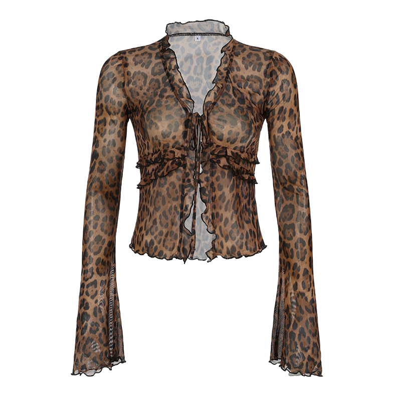 Sexy Leopard Print Mesh T-Shirt with Bell Sleeves and Sheer Tie-Up Cardigan - European American Style Y2K Fashion Top
