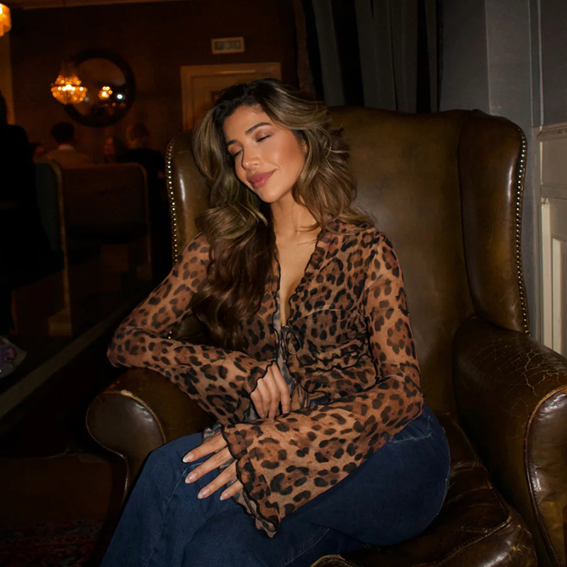 Sexy Leopard Print Mesh T-Shirt with Bell Sleeves and Sheer Tie-Up Cardigan - European American Style Y2K Fashion Top