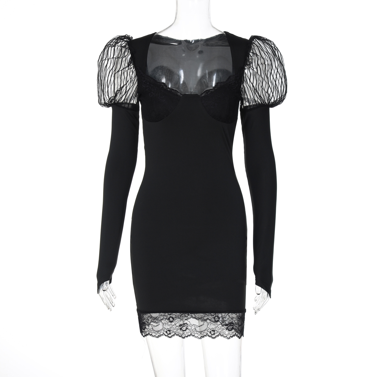 Sexy Low-Neck Lace Spliced Puff Long Sleeve Dress for Women - Stretchy Fitted Bodycon Mini Skirt - Y2K Hot Girl Style