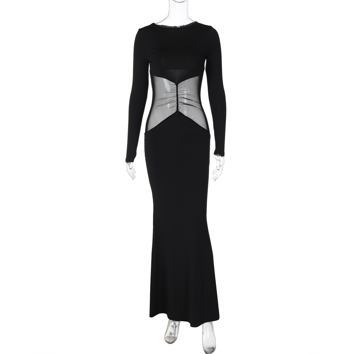 Sexy Mesh Spliced Hollow Round Neck Long Sleeve Dress for Women - Slim Fit Long Skirt, European American Style, Trendy Fashion