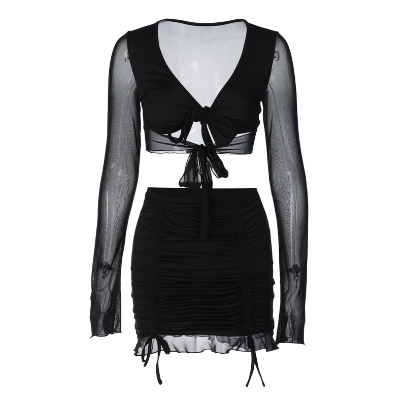 Sexy Mesh Splicing Two-Piece Set for Women, INS Style Tie-Up Top with Pleated Skirt, Trendy Y2K Fashion