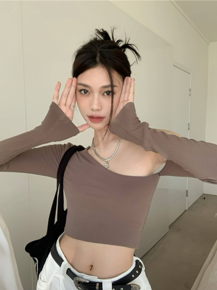 Sexy Off-Shoulder Long Sleeve T-Shirt for Women, High-Waisted Tight-Fitting Top for Dance, Y2K Style, Perfect for Girl Groups Sexy Off-Shoulder Long Sleeve T-Shirt for Women, High-Waisted Tight-Fitting Top for Dance, Y2K Style, Perfect for Girl Groups