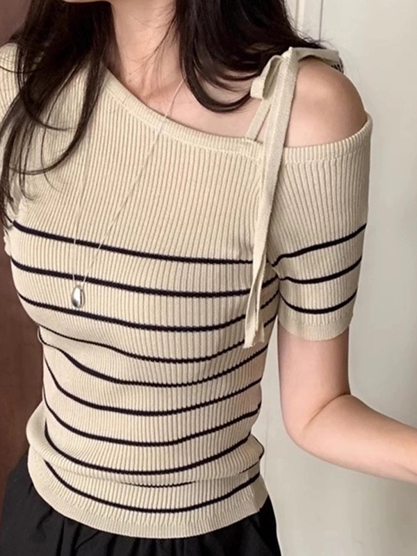 Sexy Off-Shoulder Striped Knitted T-Shirt for Women - Slim Fit Summer Top with Flattering Diagonal Neck Design