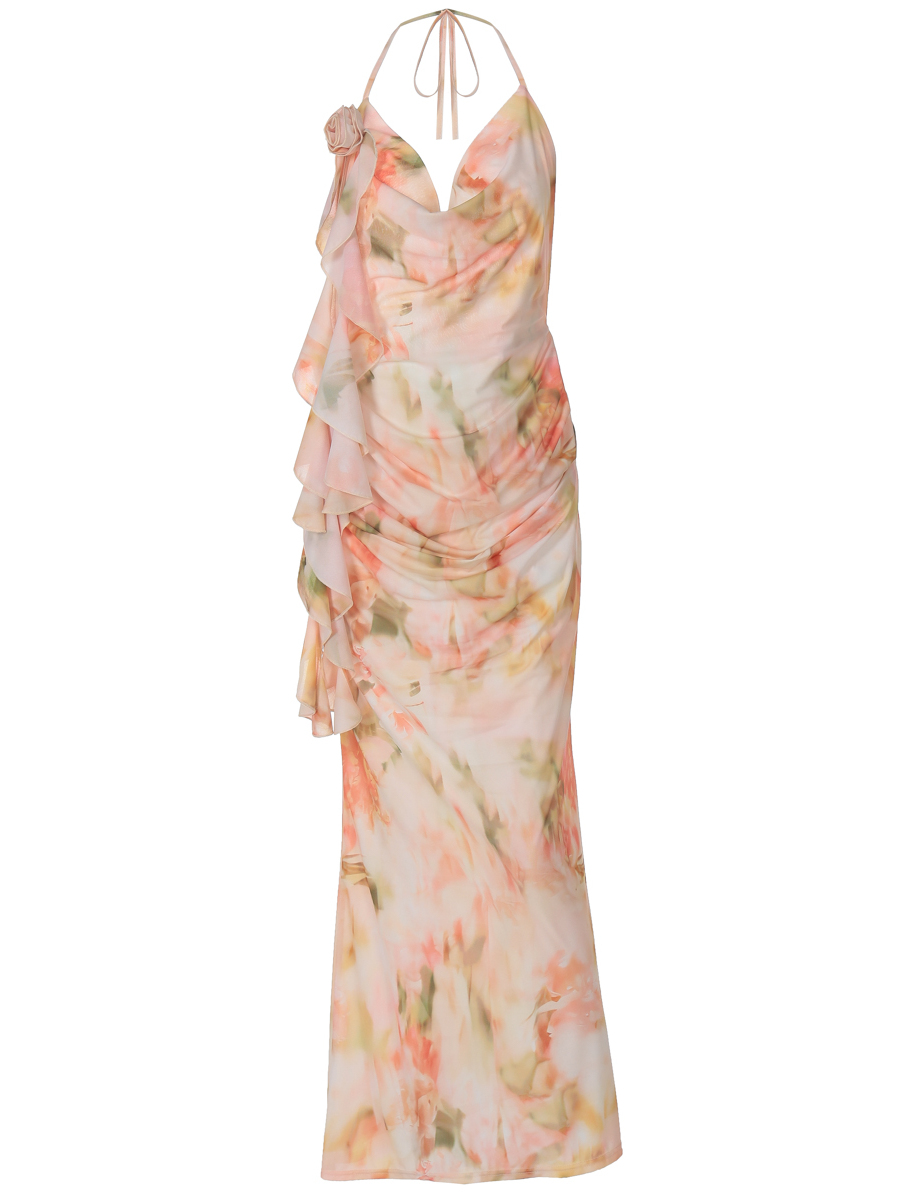 Sexy Off-Shoulder Tie Strap Halter Backless Dress for Women, Printed Pleated Double-Layer Long Skirt, Y2K Style Sexy Off-Shoulder Tie Strap Halter Backless Dress for Women, Printed Pleated Double-Layer Long Skirt, Y2K Style