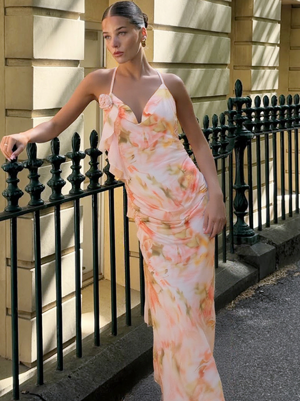 Sexy Off-Shoulder Tie Strap Halter Backless Dress for Women, Printed Pleated Double-Layer Long Skirt, Y2K Style Sexy Off-Shoulder Tie Strap Halter Backless Dress for Women, Printed Pleated Double-Layer Long Skirt, Y2K Style