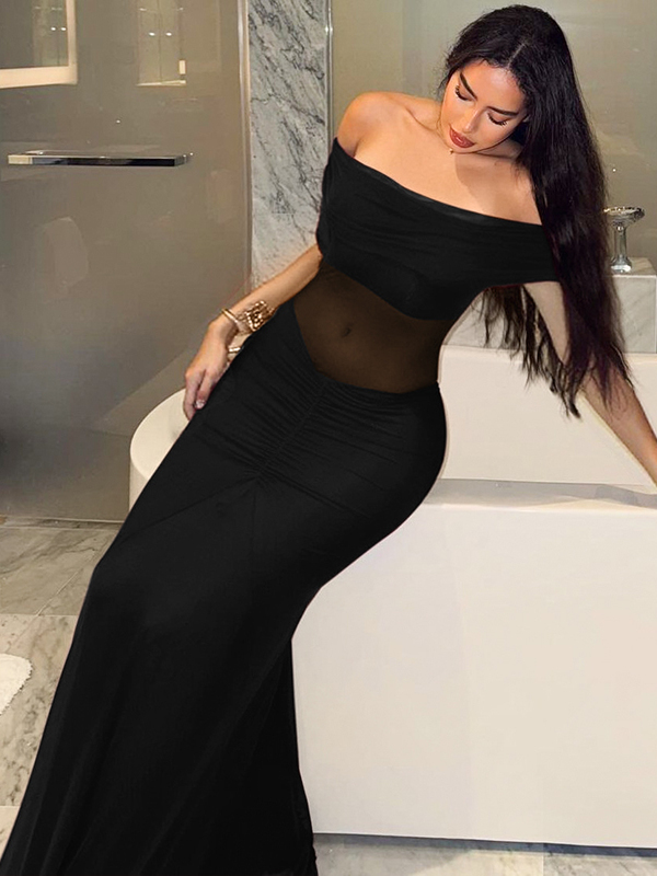 Sexy Off-the-Shoulder Mesh Pleated Long Dress - European & American Style, Waist-Exposing, Fitted Design for a Chic Look Sexy Off-the-Shoulder Mesh Pleated Long Dress - European & American Style, Waist-Exposing, Fitted Design for a Chic Look