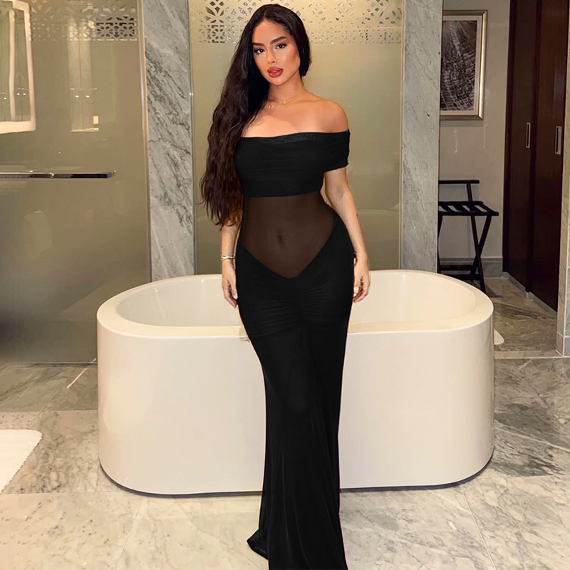 Sexy Off-the-Shoulder Mesh Pleated Long Dress - European & American Style, Waist-Exposing, Fitted Design for a Chic Look Sexy Off-the-Shoulder Mesh Pleated Long Dress - European & American Style, Waist-Exposing, Fitted Design for a Chic Look