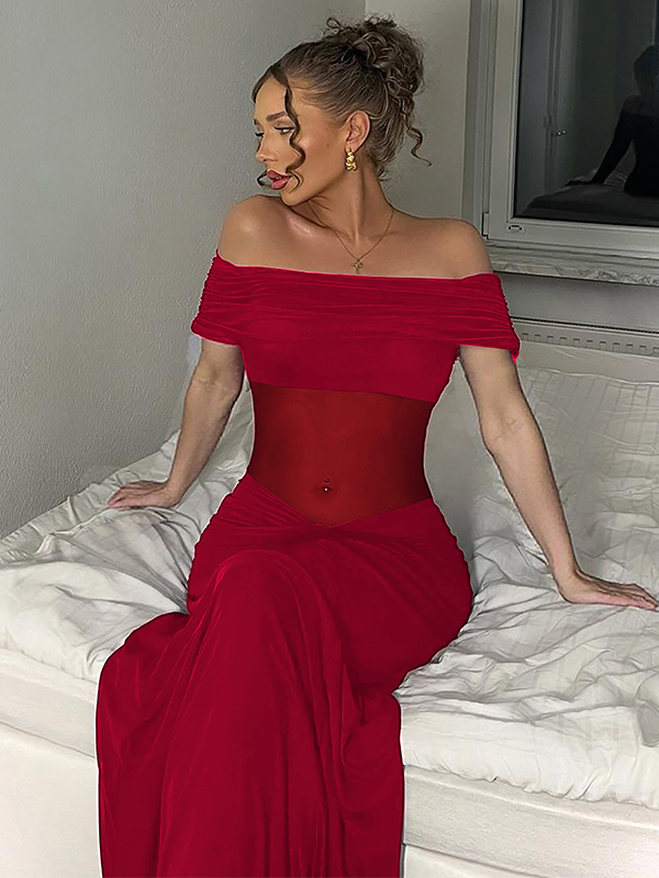 Sexy Off-the-Shoulder Mesh Pleated Long Dress - European & American Style, Waist-Exposing, Fitted Design for a Chic Look Sexy Off-the-Shoulder Mesh Pleated Long Dress - European & American Style, Waist-Exposing, Fitted Design for a Chic Look