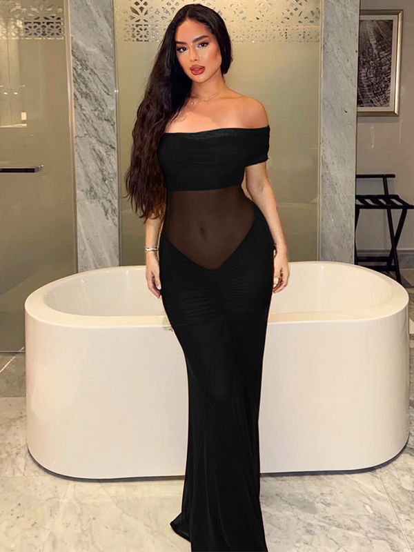 Sexy Off-the-Shoulder Mesh Pleated Long Dress - European & American Style, Waist-Exposing, Fitted Design for a Chic Look