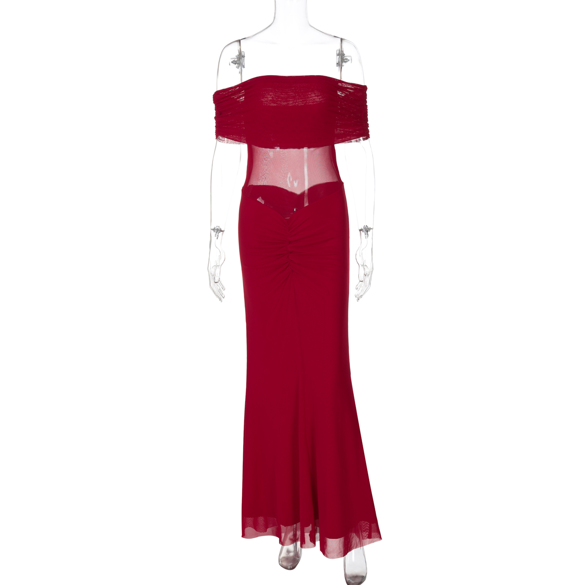 Sexy Off-the-Shoulder Mesh Pleated Long Dress - European & American Style, Waist-Exposing, Fitted Design for a Chic Look