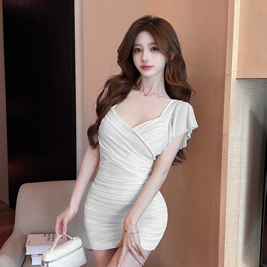 Sexy Pink Mesh V-Neck Low-Cut Bodycon Dress for Women - Summer Nightclub Style with Short Sleeves