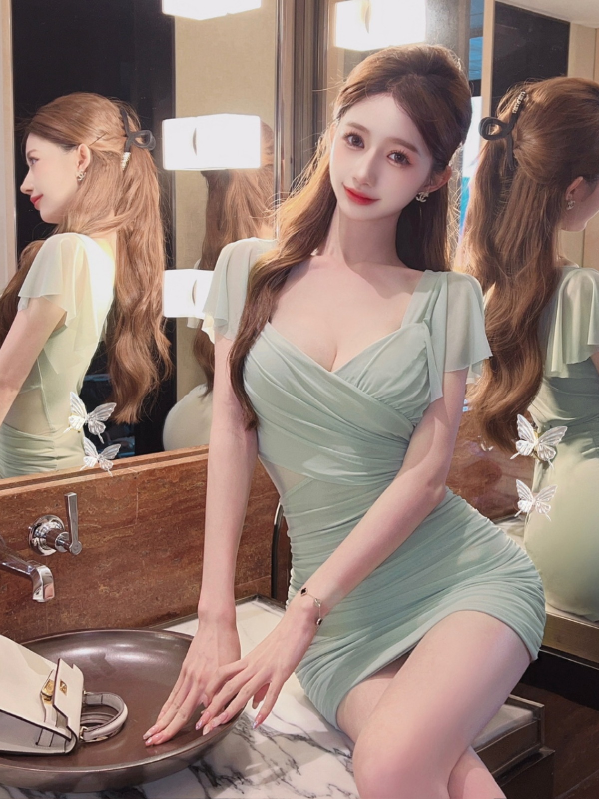 Sexy Pink Mesh V-Neck Low-Cut Bodycon Dress for Women - Summer Nightclub Style with Short Sleeves Sexy Pink Mesh V-Neck Low-Cut Bodycon Dress for Women - Summer Nightclub Style with Short Sleeves