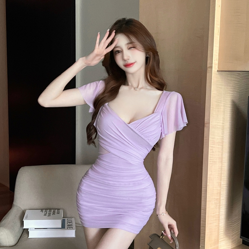 Sexy Pink Mesh V-Neck Low-Cut Bodycon Dress for Women - Summer Nightclub Style with Short Sleeves Sexy Pink Mesh V-Neck Low-Cut Bodycon Dress for Women - Summer Nightclub Style with Short Sleeves