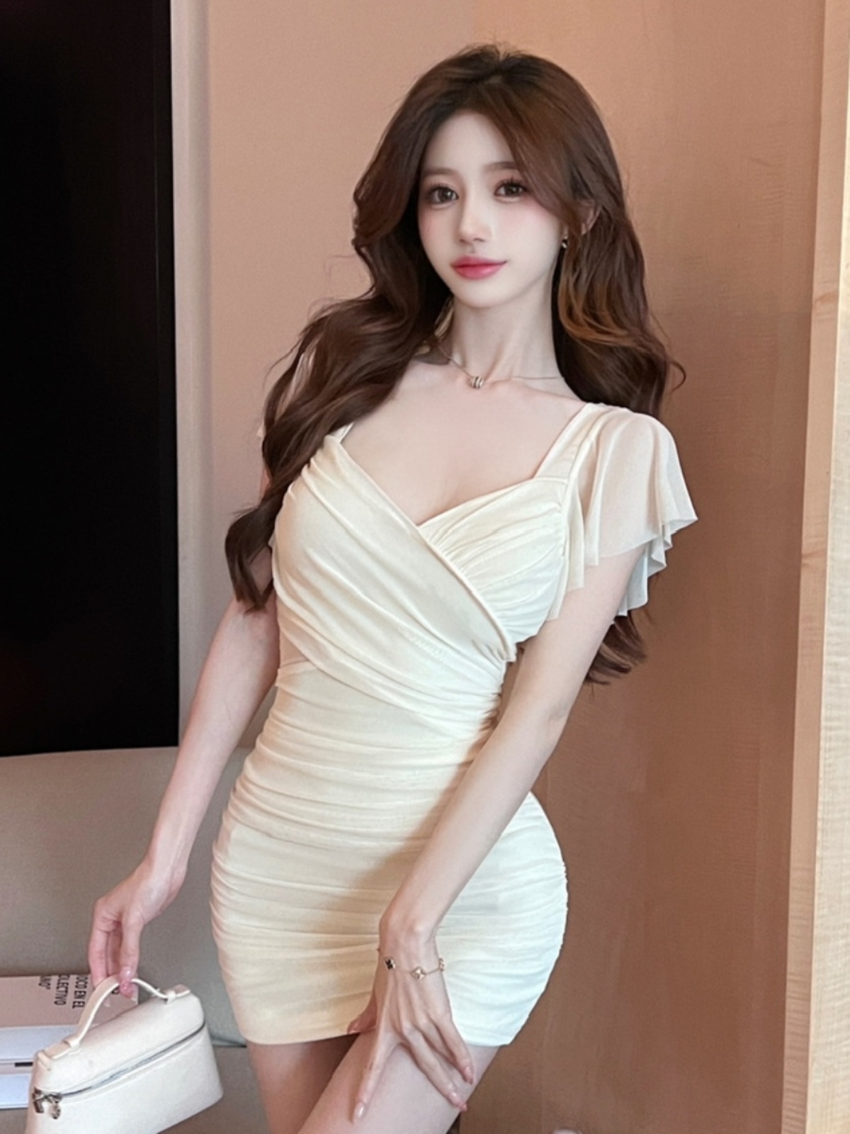 Sexy Pink Mesh V-Neck Low-Cut Bodycon Dress for Women - Summer Nightclub Style with Short Sleeves Sexy Pink Mesh V-Neck Low-Cut Bodycon Dress for Women - Summer Nightclub Style with Short Sleeves