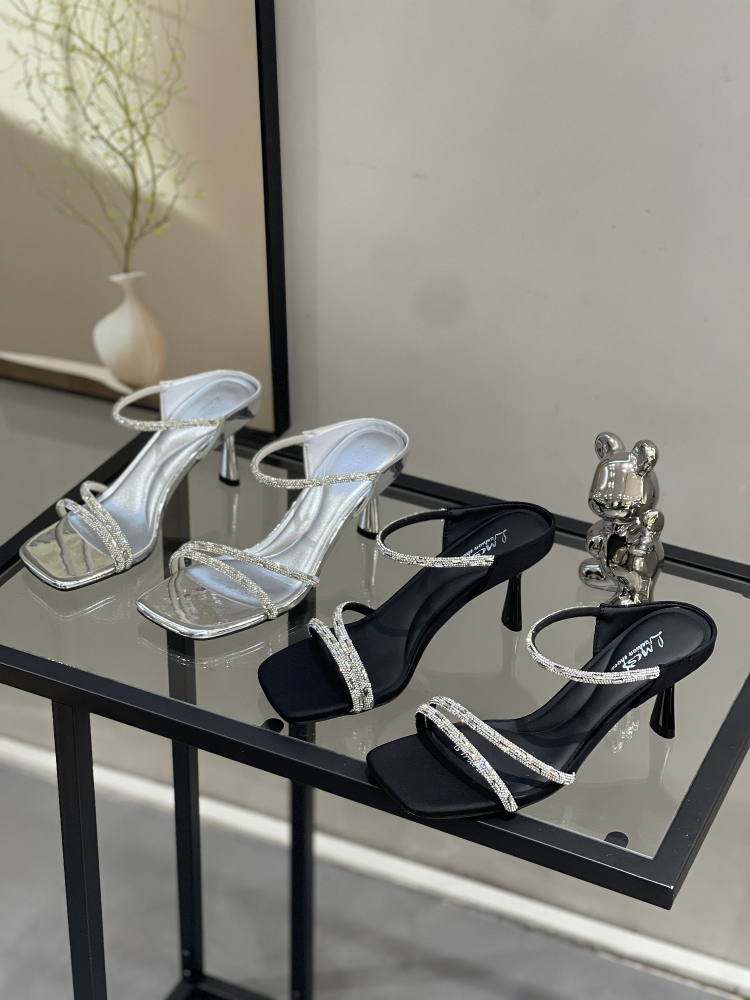 Sexy Rhinestone High Heels for Women - Summer 2025 Fairy Style Square Toe Open Toe One-Strap Thin Heel Sandals