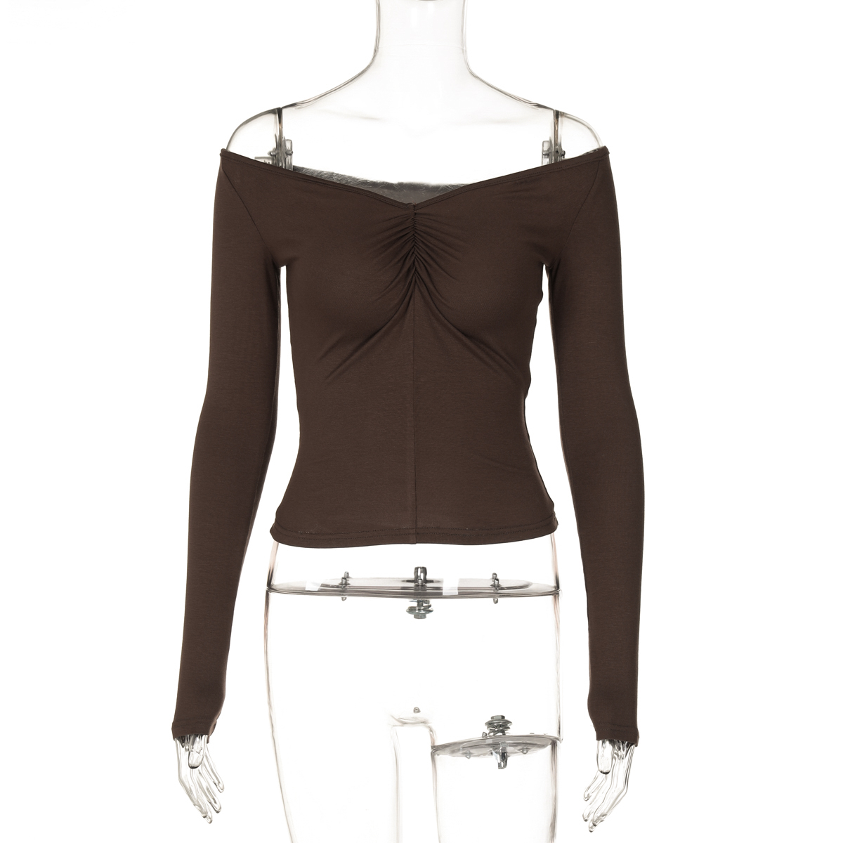 Sexy Ruched Off-the-Shoulder Long Sleeve T-Shirt for Women - European American Instagram Style, Fitted Stretchy Top for Autumn Fashion
