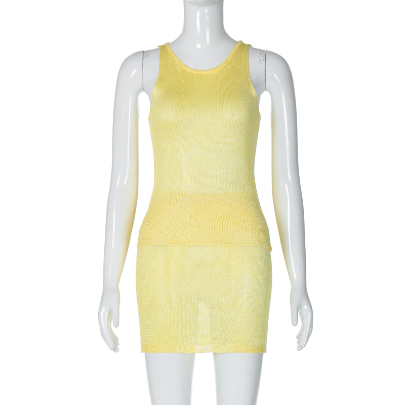 Sexy Semi-Transparent Knitted Two-Piece Set for Women - Sleeveless Tank Top & High-Waisted Skirt, European & American Style