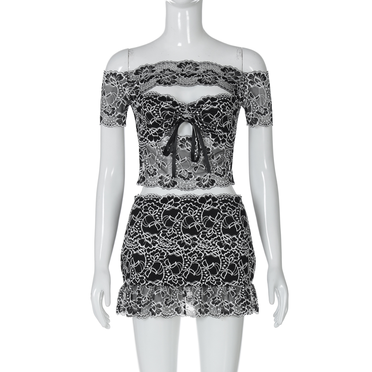 Sexy Semi-Transparent Lace Off-the-Shoulder Top and Skirt Two-Piece Set - Spicy Girl Outfit in Y2K Style