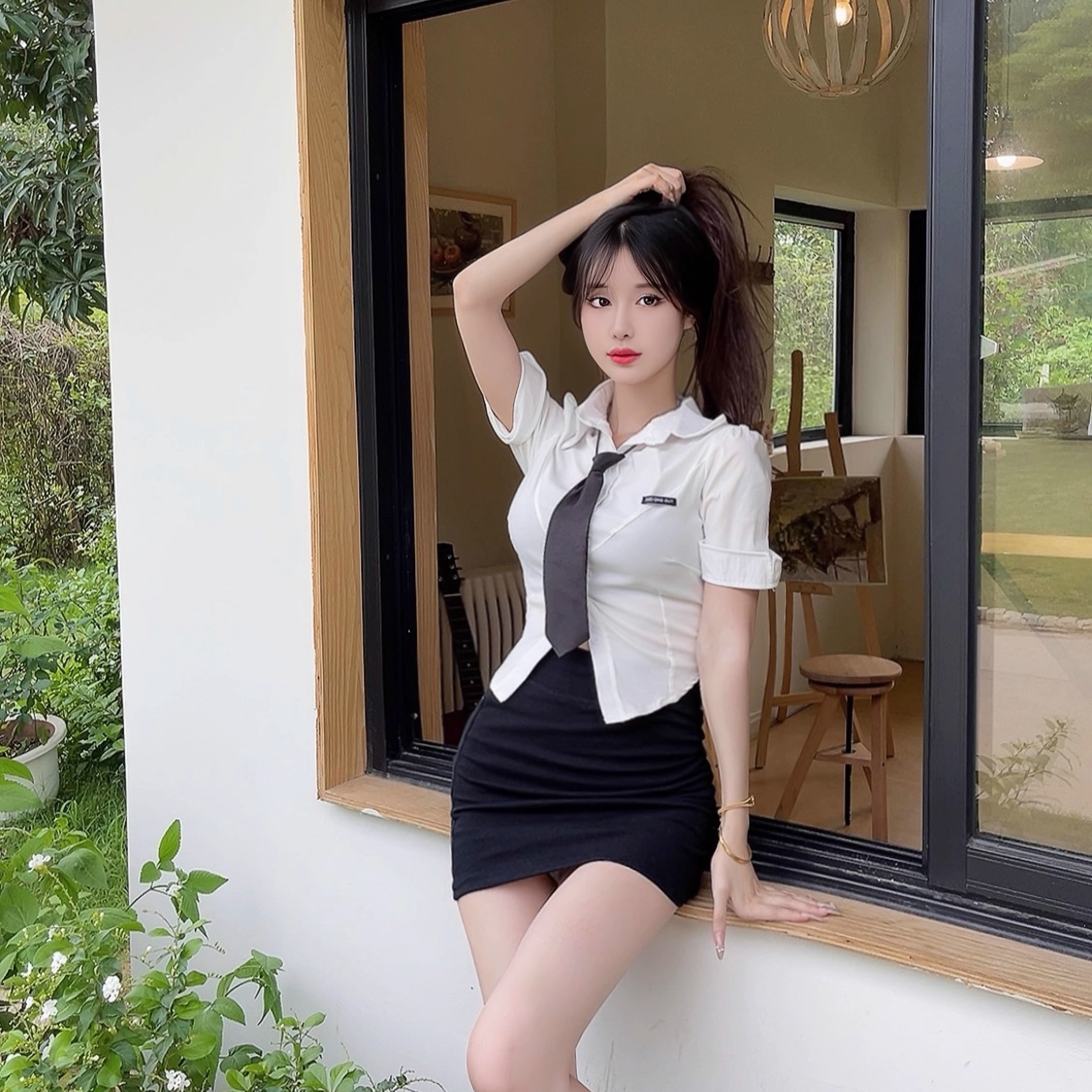 Sexy Two-Piece JK Uniform Set with Waist-Cinching Short-Sleeve White Shirt and Pleated Skirt for Nightclub & Party Wear Sexy Two-Piece JK Uniform Set with Waist-Cinching Short-Sleeve White Shirt and Pleated Skirt for Nightclub & Party Wear