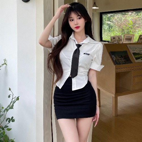 Sexy Two-Piece JK Uniform Set with Waist-Cinching Short-Sleeve White Shirt and Pleated Skirt for Nightclub & Party Wear Sexy Two-Piece JK Uniform Set with Waist-Cinching Short-Sleeve White Shirt and Pleated Skirt for Nightclub & Party Wear