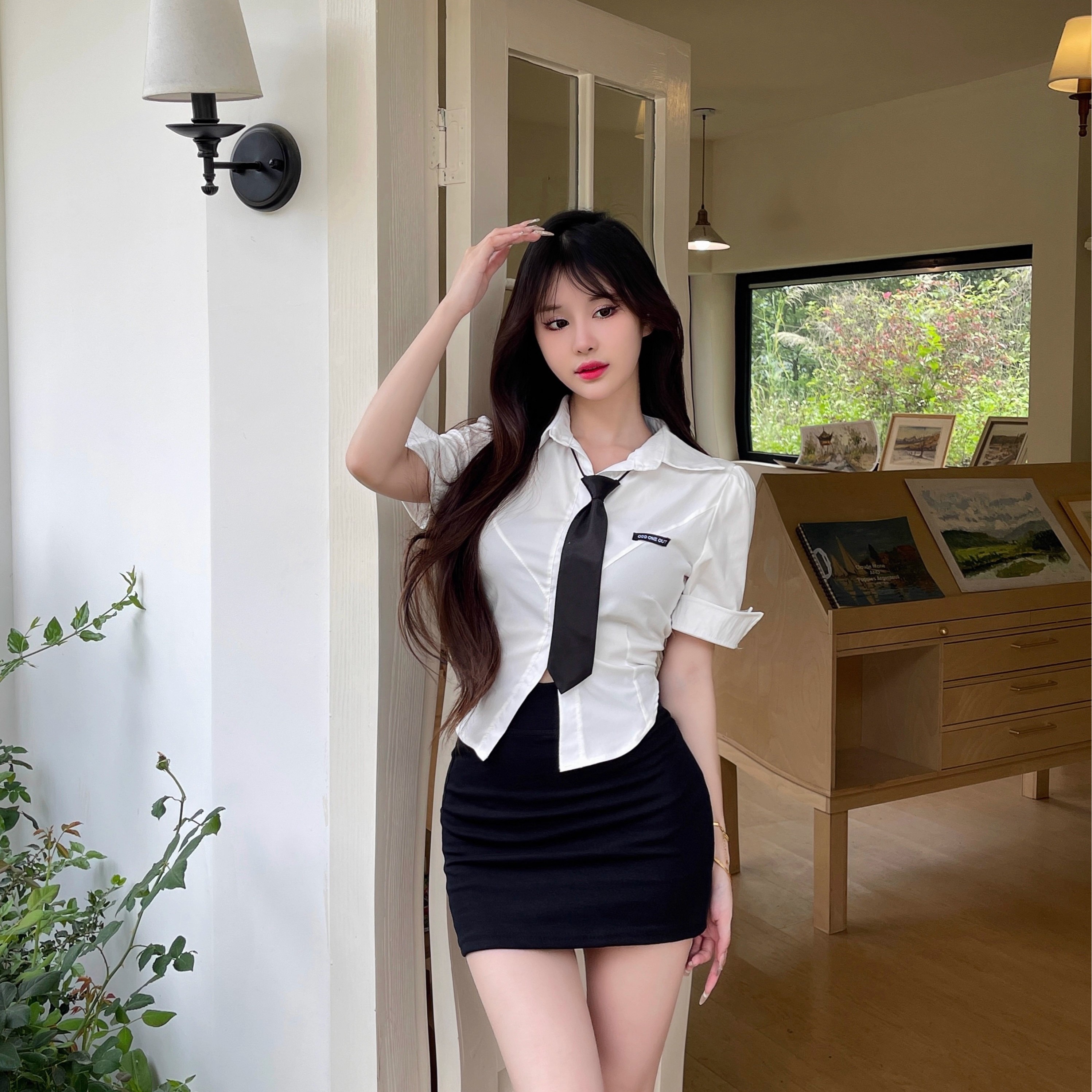 Sexy Two-Piece JK Uniform Set with Waist-Cinching Short-Sleeve White Shirt and Pleated Skirt for Nightclub & Party Wear Sexy Two-Piece JK Uniform Set with Waist-Cinching Short-Sleeve White Shirt and Pleated Skirt for Nightclub & Party Wear