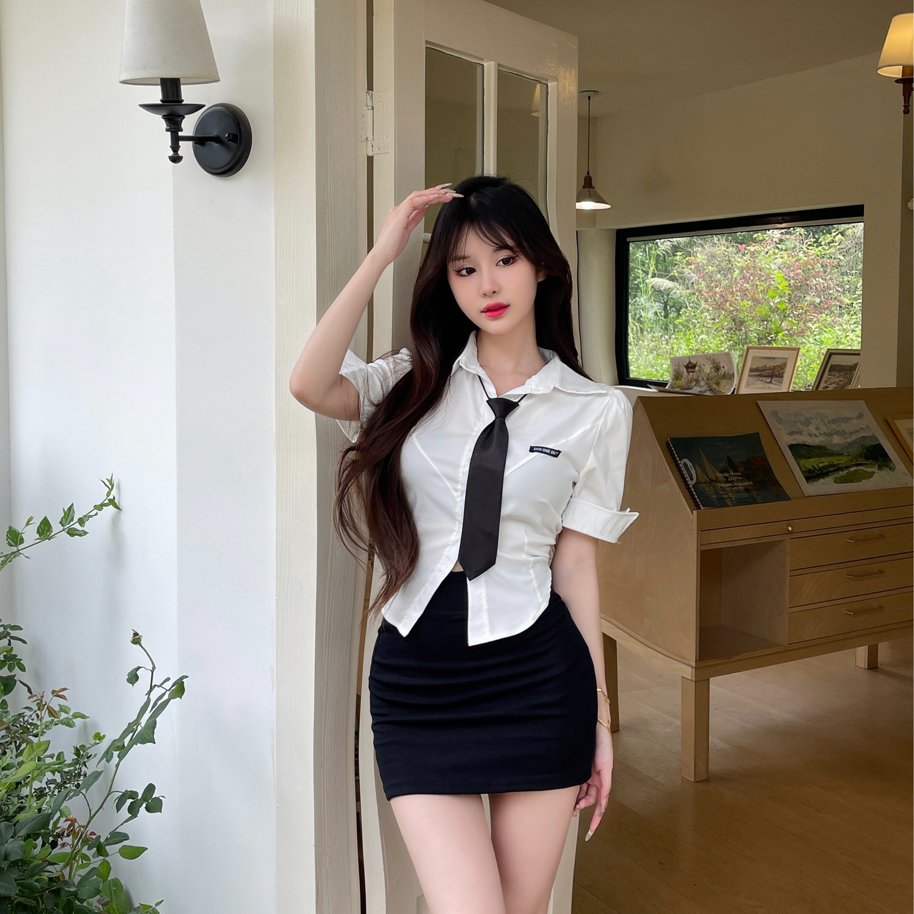 Sexy Two-Piece JK Uniform Set with Waist-Cinching Short-Sleeve White Shirt and Pleated Skirt for Nightclub & Party Wear Sexy Two-Piece JK Uniform Set with Waist-Cinching Short-Sleeve White Shirt and Pleated Skirt for Nightclub & Party Wear