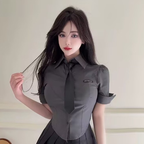 Sexy Two-Piece JK Uniform Set with Waist-Cinching Short-Sleeve White Shirt and Pleated Skirt for Nightclub & Party Wear Sexy Two-Piece JK Uniform Set with Waist-Cinching Short-Sleeve White Shirt and Pleated Skirt for Nightclub & Party Wear