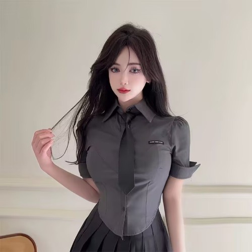 Sexy Two-Piece JK Uniform Set with Waist-Cinching Short-Sleeve White Shirt and Pleated Skirt for Nightclub & Party Wear Sexy Two-Piece JK Uniform Set with Waist-Cinching Short-Sleeve White Shirt and Pleated Skirt for Nightclub & Party Wear