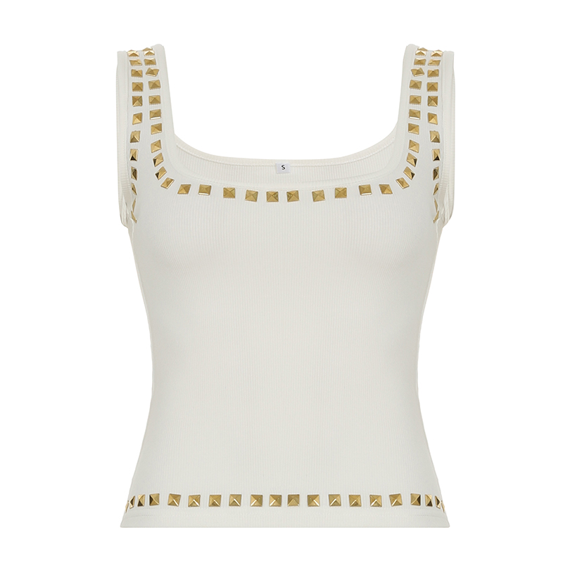Sexy U-Neck Knit Vest with Golden Diamond-Shaped Rhinestones - Versatile Stretchy Sports Top for Y2K and European Style