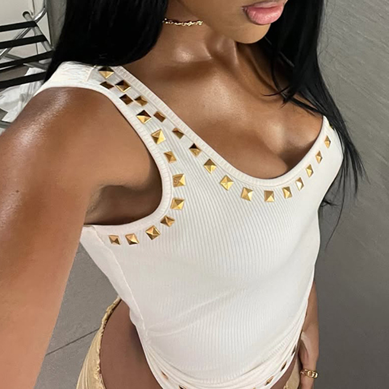 Sexy U-Neck Knit Vest with Golden Diamond-Shaped Rhinestones - Versatile Stretchy Sports Top for Y2K and European Style