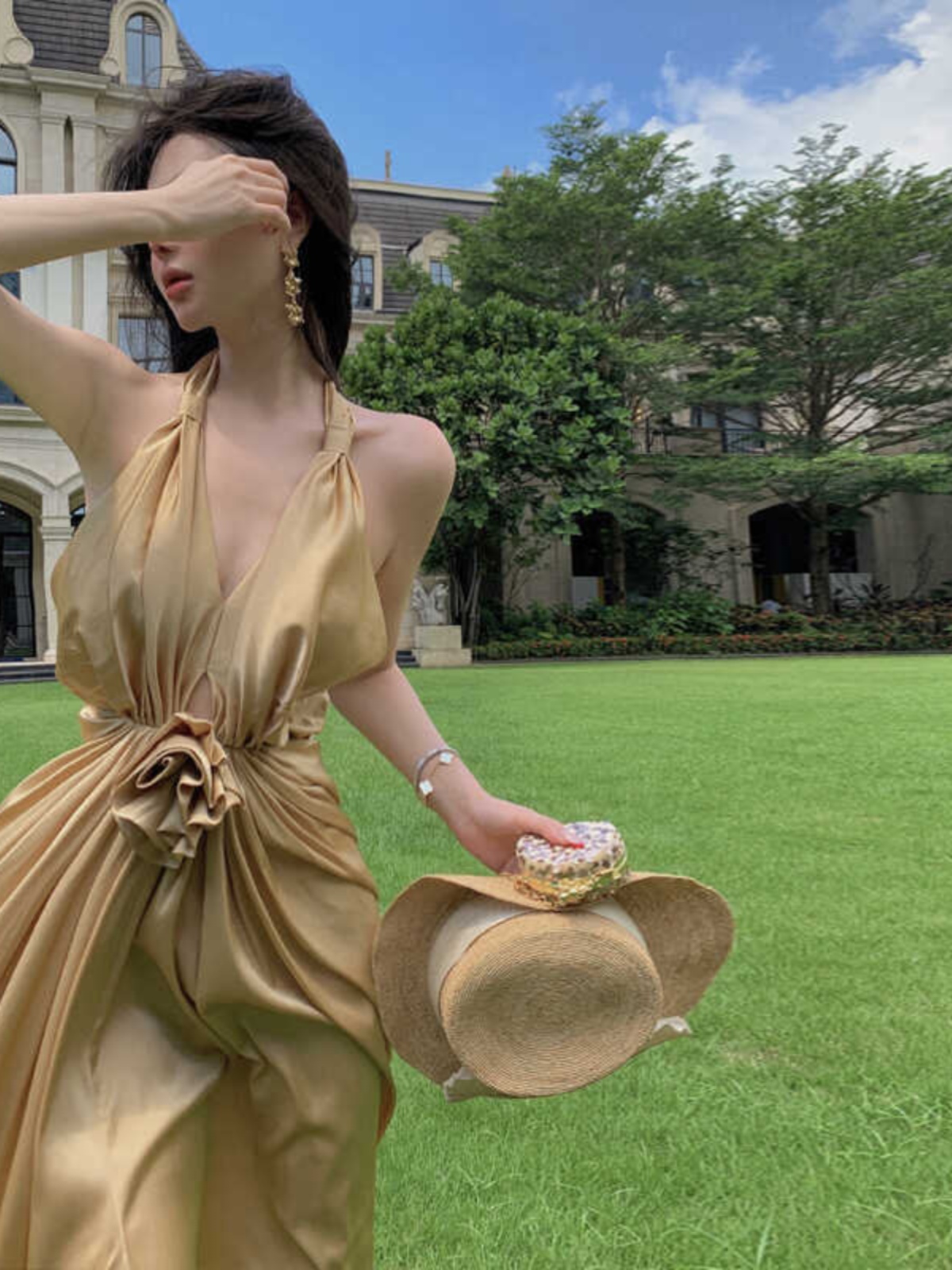 Sexy V-Neck Halter Rose Floral Dress - Backless Summer Gown for Women - Elegant Beach Vacation Long Dress