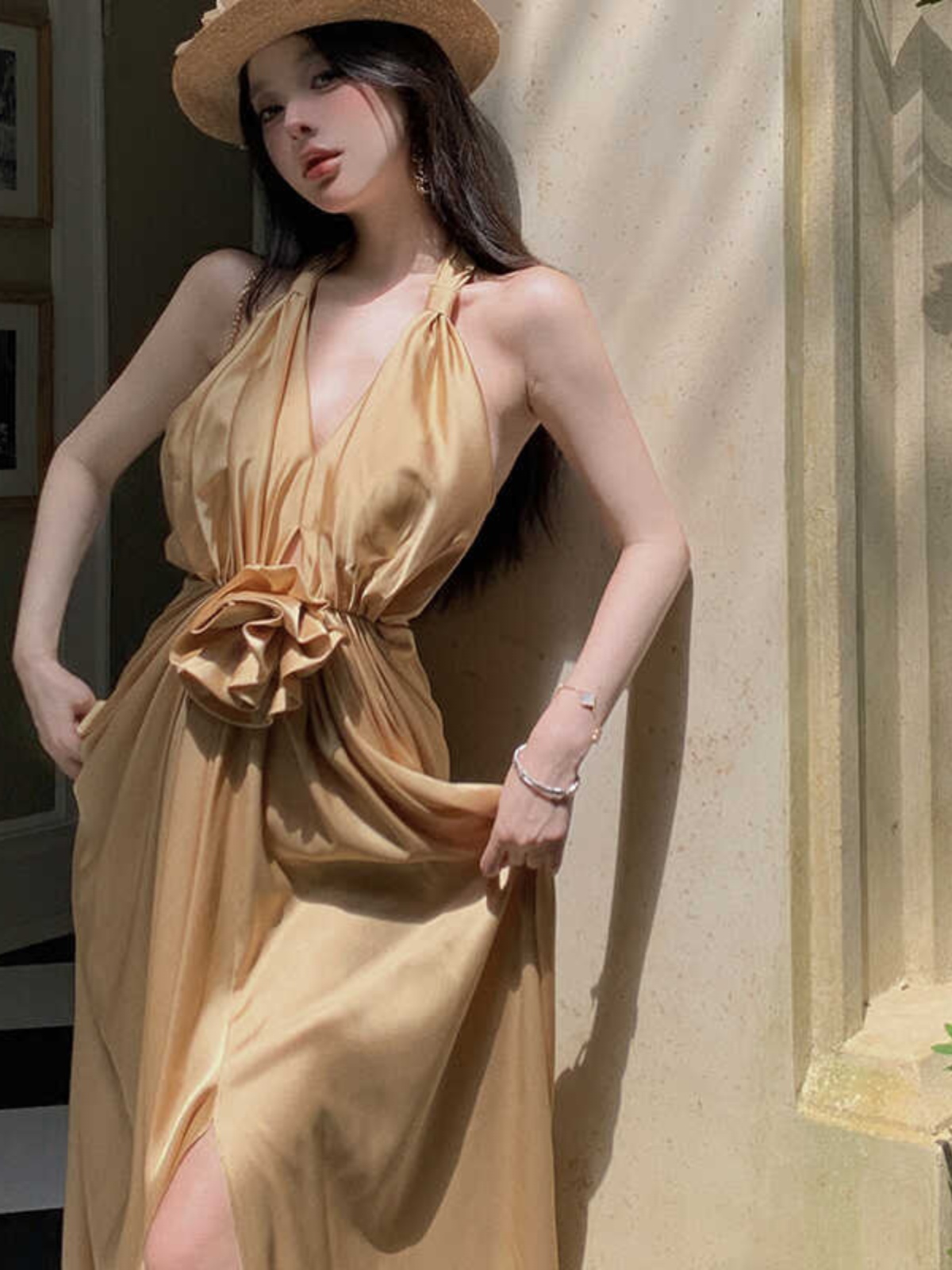 Sexy V-Neck Halter Rose Floral Dress - Backless Summer Gown for Women - Elegant Beach Vacation Long Dress