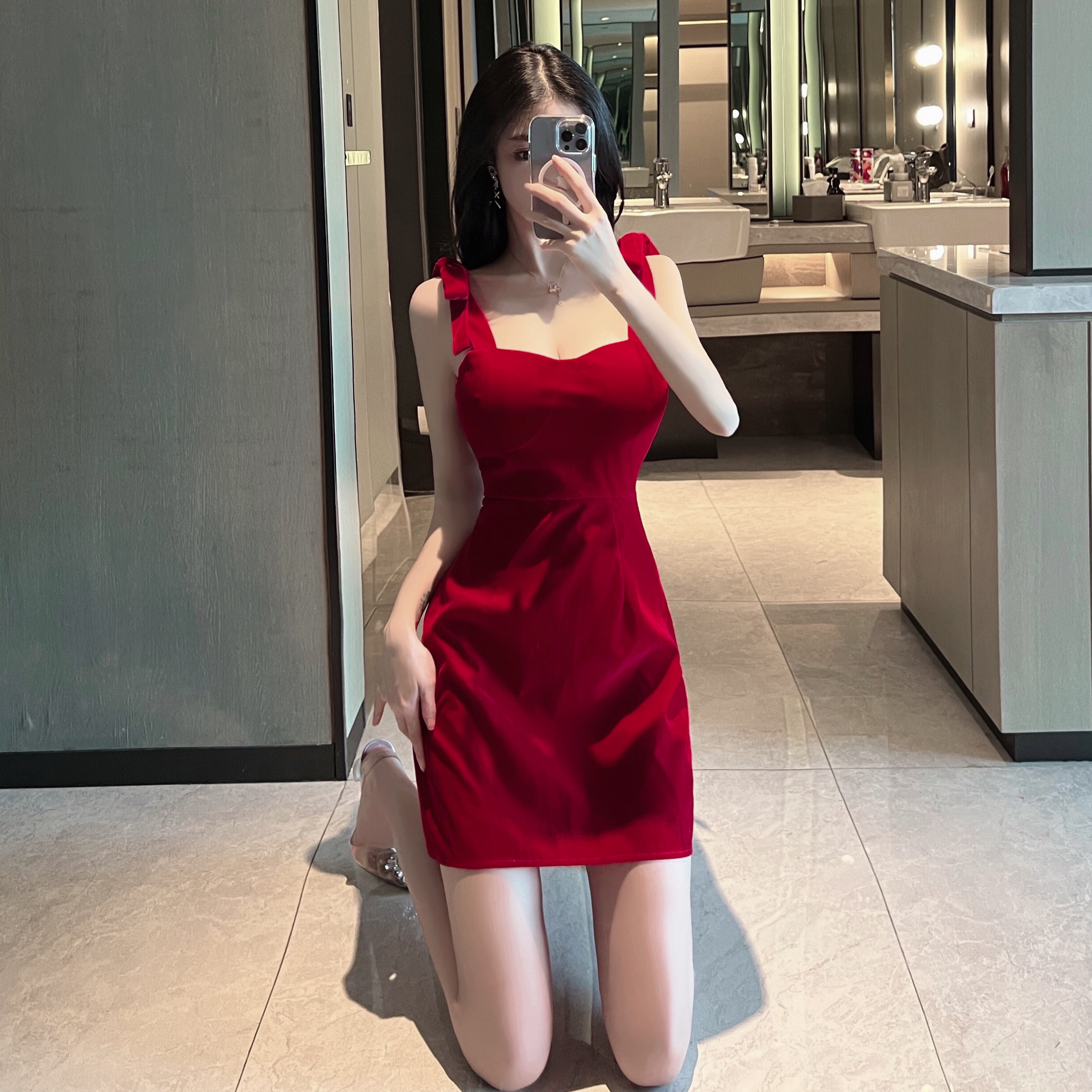 Sexy Velvet Red Slip Dress for Women - Summer Bodycon Mini Dress, Slim Fit Nightclub Style, Hot Girl Fashion