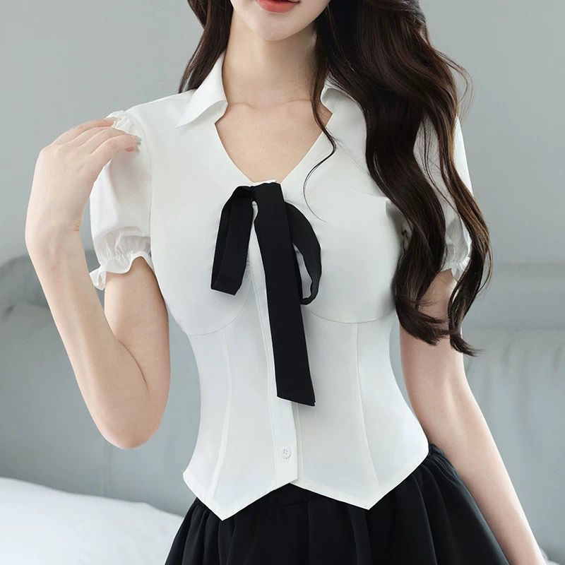 Sexy Waist-Fitting Short-Sleeve White Shirt & Pleated Mini Skirt Uniform for Female Spa Therapists