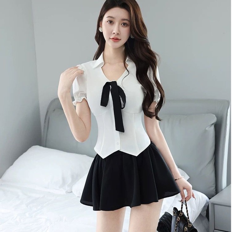 Sexy Waist-Fitting Short-Sleeve White Shirt & Pleated Mini Skirt Uniform for Female Spa Therapists