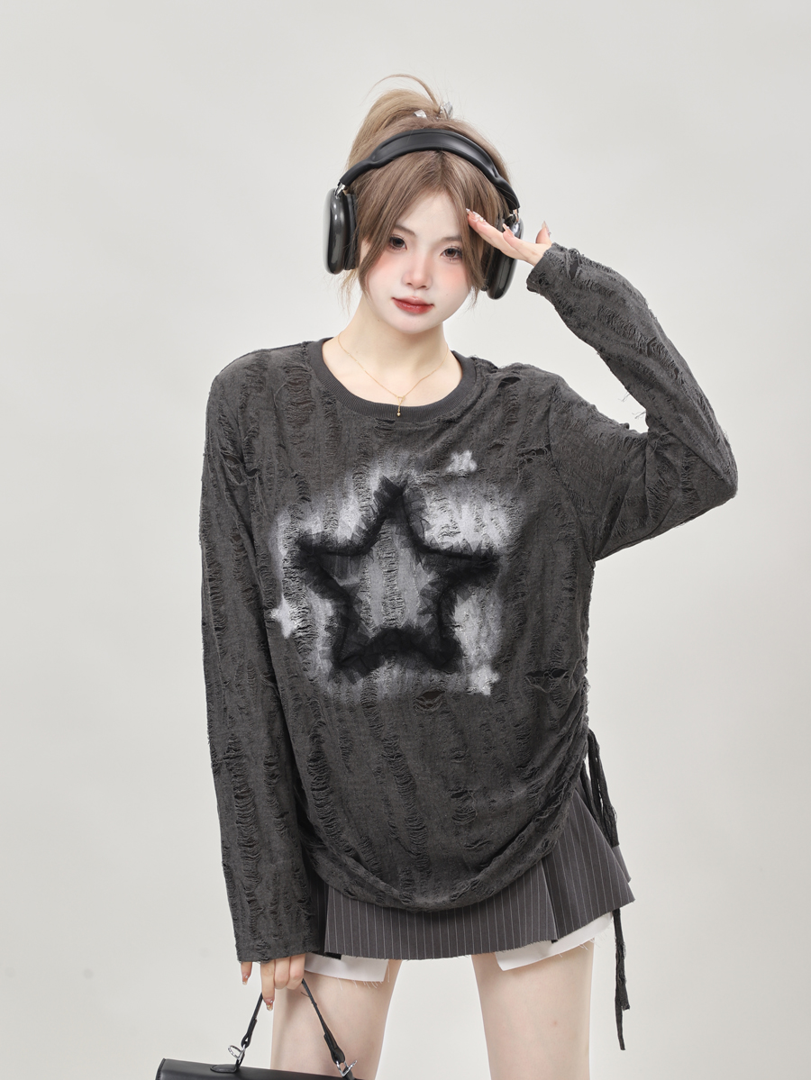 Sexy Wasteland Style Long Sleeve Top with Drawstring - Women's Base Shirt for Spring 2025 in European and American Fashion