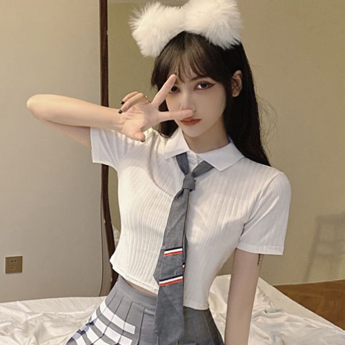 Sexy White Polo Collar Top and Pleated Skirt Set - Women's JK Uniform Inspired Beauty Salon Club Workwear